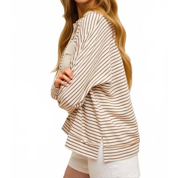 NEW KNIT & LOUNGE striped long sleeve waffle knit pullover top in beige - Picture 3 of 5